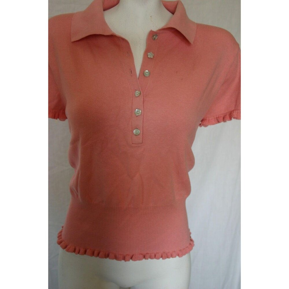 George Stretch Womens Polo Sweater Coral Pink Ruffle Sleeve Size Large 12/14